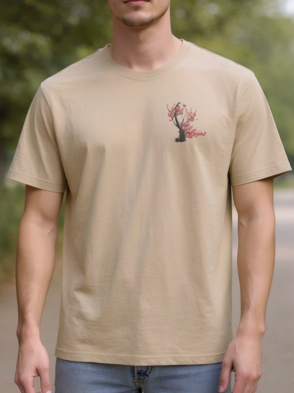 NWOT Men's Japanese Cherry Blossom Short Sleeve Tee XL Cream Tan Graphic